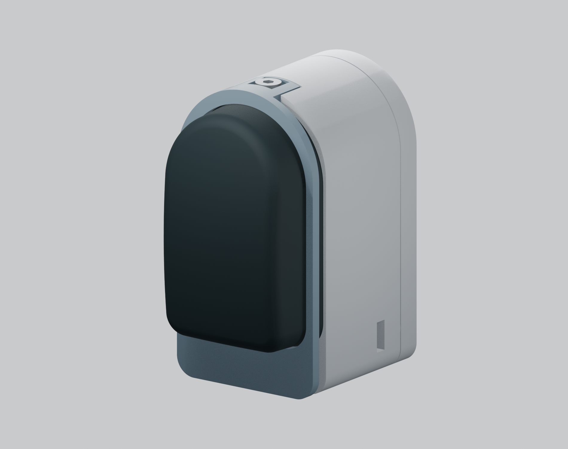 CAD rendering of the Point Taken tactile fingertip with a dark compliant contact surface and a light sensor housing.