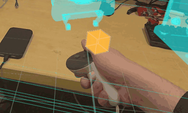 Quest 3S recording of RIVET XR showing a controller, virtual objects, and a simulated robot arm in passthrough.