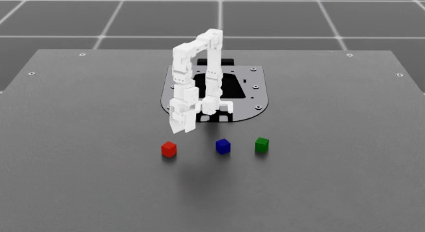 A simulated custom five-degree-of-freedom robot arm positioned above red, blue, and green cubes in the cube-stacking task environment.