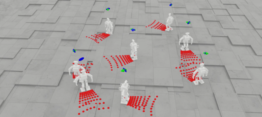Multiple simulated ROBOTIS OP3 humanoids traverse tiled terrain while red 8-by-8 time-of-flight depth scans visualize local terrain sensing.