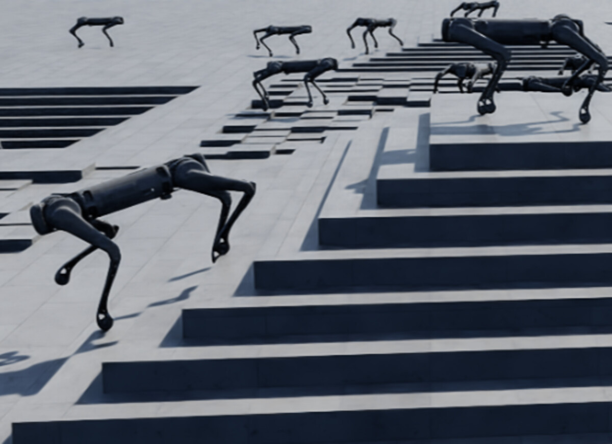 Sequence of a simulated Unitree B1 quadruped descending stairs using a torque-driven reinforcement learning controller.